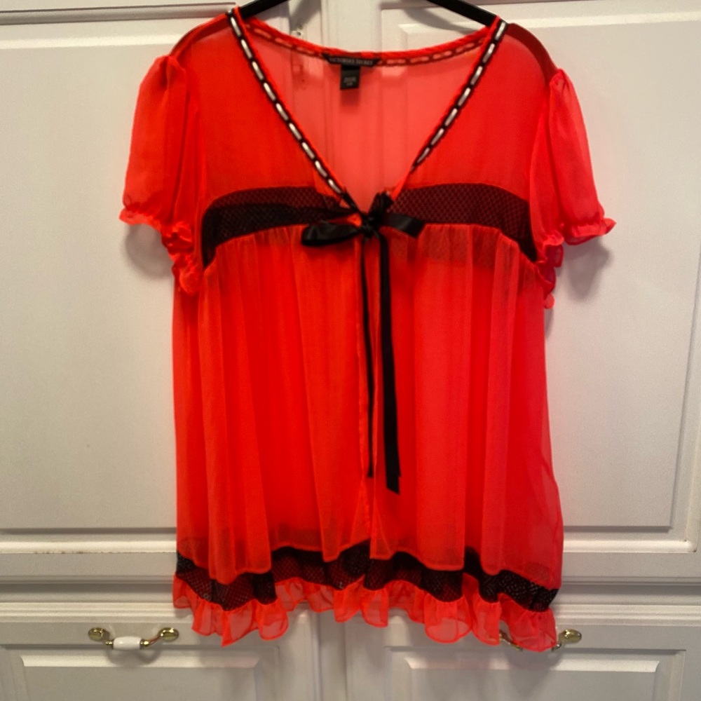 Victoria's Secret Mesh Sheer Black Ribbon Trim Nightie Women’s Size Large